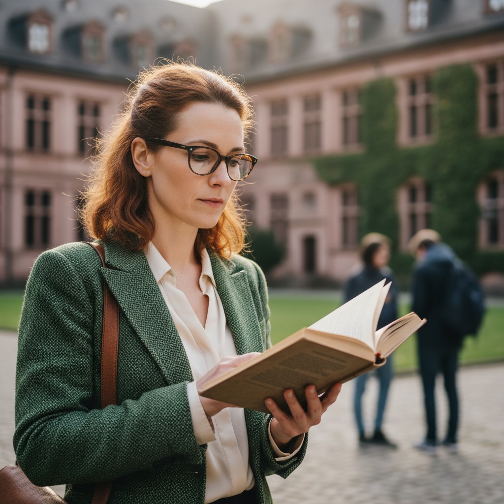 Eine Frau mit Brille und grünem Blazer liest konzentriert ein Buch vor einem historischen Universitätsgebäude.