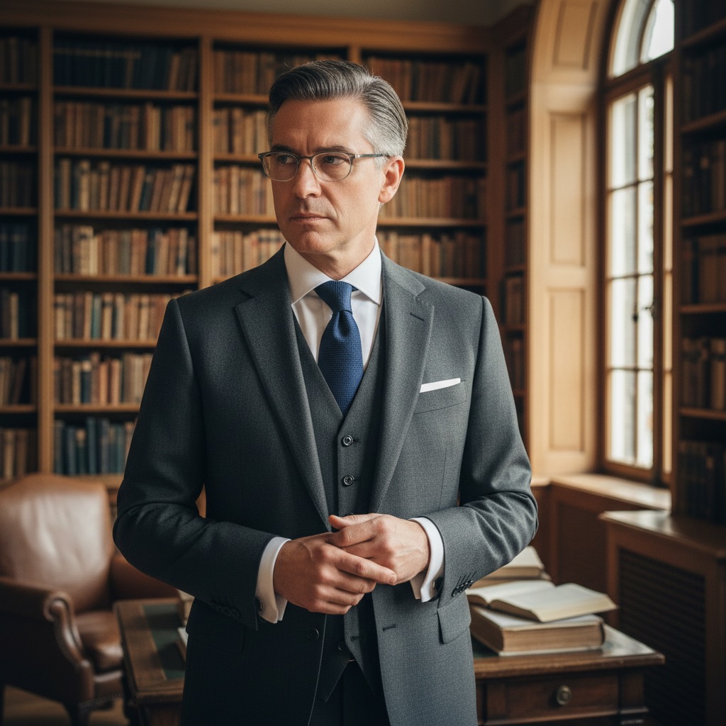 Ein elegant gekleideter Mann mit Brille steht in einer Bibliothek vor einem Bücherregal.