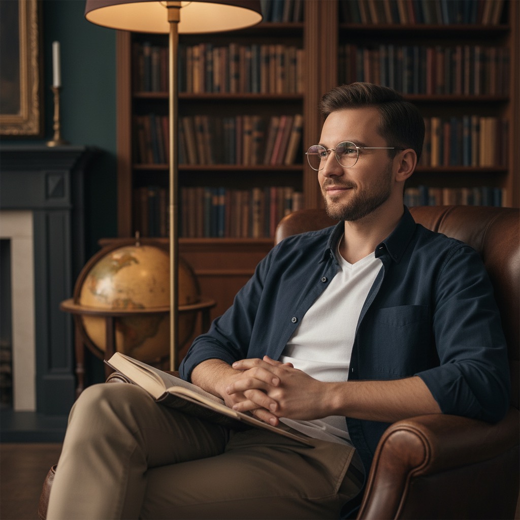 Ein junger Mann mit Brille sitzt entspannt in einem Ledersessel vor einem Bücherregal und hält ein aufgeschlagenes Buch in den Händen.